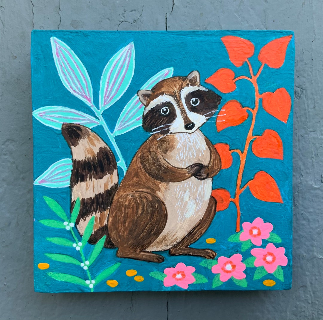 Cute Raccoon Original Acrylic Painting on Four Inch Square Wood Panel ...