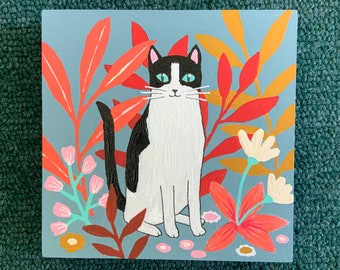 Black and white cat original painting on wood panel