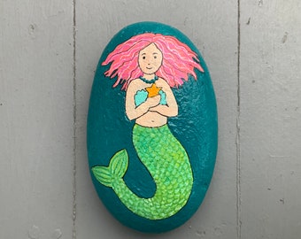 Mermaid painted rock paperweight
