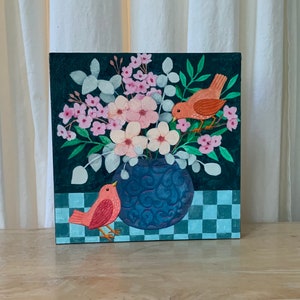 Original painting of two little birds with a vase of flowers, mounted on a six inch square wood panel image 4