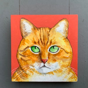 Orange cat portrait on four inch square panel, original acrylic painting