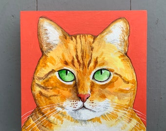 Orange cat portrait on four inch square panel, original acrylic painting