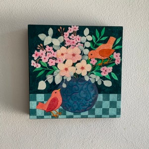 Original painting of two little birds with a vase of flowers, mounted on a six inch square wood panel image 2