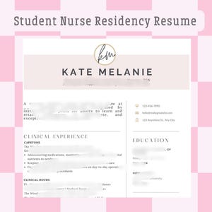 Peut inclure: Un curriculum vitae pour un poste de résident en soins infirmiers avec le nom Kate Melanie, des coordonnées et des sections pour l'expérience clinique, l'éducation et les heures cliniques.