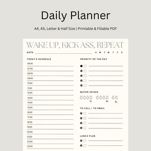 Planificador diario para imprimir y rellenar, plantilla de planificador diario simple, planificador personal diario, tamaño A4/A5/carta/media página, PDF para imprimir y rellenar