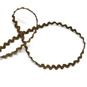 May include: A length of decorative, wavy-edged ribbon in a metallic bronze color. The ribbon is curled and lies against a white background, showcasing its texture and design. Ideal for crafts and embellishments.