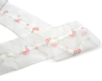 Floral Embroidered Sheer Tape, Bridal Sewing Trim 4 Yards plus T 814
