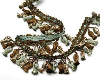 Vintage Brown & Blue Tassel Fringe Trim: 29 Inches