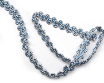 Vintage Scroll Braided Tape Trim: Blue, Metallic Silver, 5.6 Yards