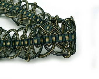 Vintage Scroll Braided Tape Trim, Antique Gold, Blue, Beige - 1 Yard