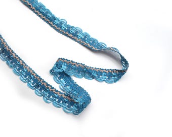 Vintage Scrolled Braid Brush Trim: Blue & Gold Cotton Mylar Tape