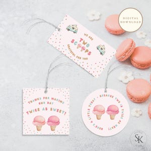 Labels voor twee scheppen zijn beter dan één bedankje, twee scheppen met leuke feestdecoraties, tweeling verjaardagsbedankjes