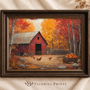 Pintura rústica de celeiro vermelho com colheita de outono - Arte de parede para casa de campo, abóboras, galinhas, paisagem de outono, decoração cottagecore, download para impressão