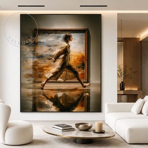 May include: A large square wall art piece featuring an abstract oil painting of a person in a flowing tan dress walking forward. The artwork displays warm orange, brown, and blue tones with a motion blur effect and a reflection on the ground.