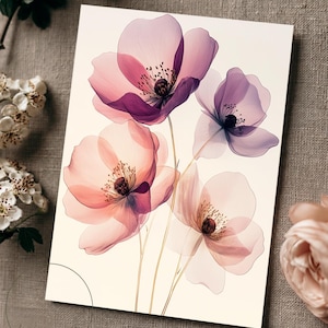 Genomskinliga lila vallmoblommor botanisk konst utskrivbar väggdekor mjukrosa rodnad akvarellmålning vintage Cottagecore digital nedladdning