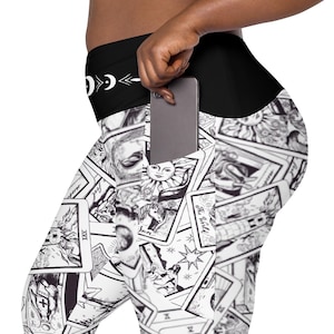 Leggings con cartas del tarot y BOLSILLOS!!! / Negro sobre blanco / Pantalones de yoga Moon Sun / Leggings de bruja / Leggings mágicos / Pantalones de yoga Triple Moon