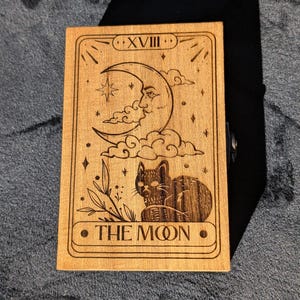 Wooden Tarot Deck Storage Box  / Trinket Box / Treasure Box / Crystal Storage Box – The Moon Tarot Card Design with Black Cat Motif