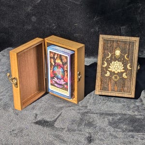 Wooden Tarot Card Box / Trinket Box / Treasure Box / Crystal Storage Box – Lotus & Lunar Phases Design with latch | Personalize it!