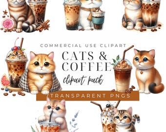 Cats and Coffee PNG Clipart Bundle Digital Download Sublimination Set