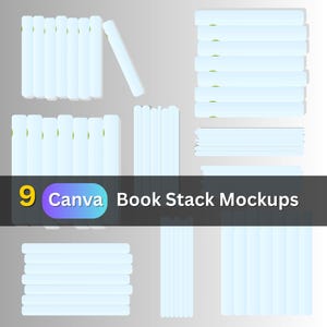 May include: Nine different mockups of book stacks, each with a white cover and a green spine. The mockups are arranged in a grid pattern on a gray background. The text "9 Canva Book Stack Mockups" is displayed at the bottom of the image.
