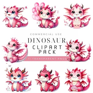 Pink Dinosaur Clipart Bundle Cute Dino PNGs Kids Party Decor Digital Download for Crafts