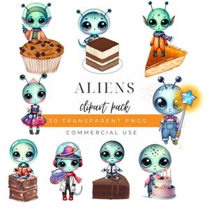 Aliens Clipart Bundle 30 PNG Cute Alien and Space Items