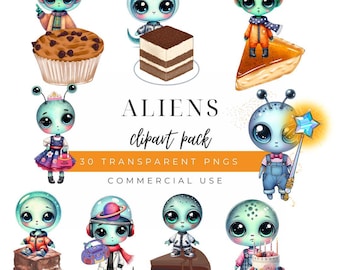Cute Alien Clipart Bundle, 30 PNG Space Illustrations (Digital Download)