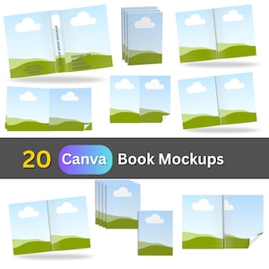 May include: A collection of book mockups with a landscape design. The covers feature a blue sky with a white cloud, green hills, and the text "20 Canva Book Mockups". Various angles and arrangements of the books are shown.