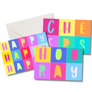 Tarjetas de celebración de graduación, jubilación, compromiso y ánimo: ¡HURRA, SALUD, FELIZ! Juego de 3 imprimibles con sobre, interior en blanco.