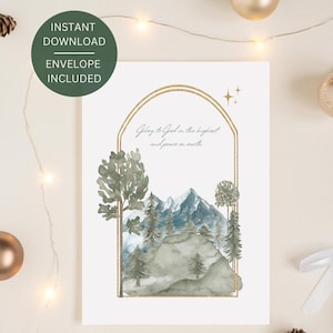 Kerstbijbelvers AFDRUKBARE wenskaart - vrede op aarde handgemaakte aquarel, envelop, blanco binnenkant, instant digitale download
