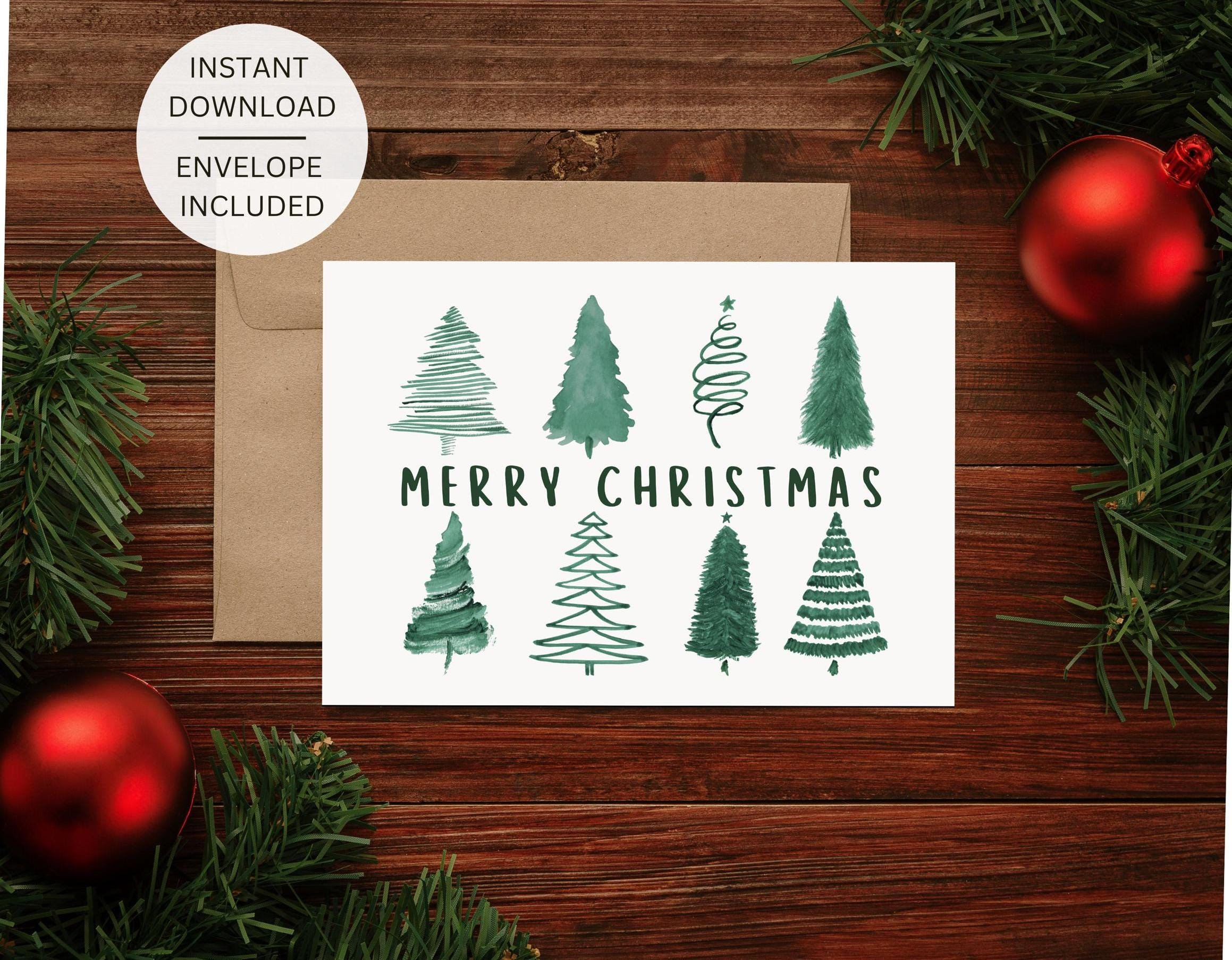 Merry Christmas PRINTABLE Watercolor Greeting Card With Envelope Template-  Handcrafted Holiday Cheer, Blank Inside- Instant Digital Download - Etsy, image size:2318x1806