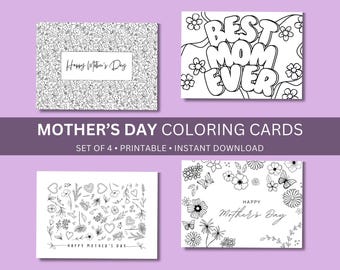 Könnte beinhalten: Set mit vier druckbaren Muttertags-Malvorlagen. Die Karten zeigen Schwarzweiß-Illustrationen von Blumen, Herzen, Schmetterlingen und dem Text "Frohen Muttertag" und "Beste Mama der Welt".