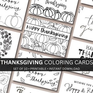 Cartões festivos de Ação de Graças - Cartões para colorir para imprimir, conjunto de 10, papelaria divertida para o feriado, vários designs exclusivos, tamanho 5x7, download instantâneo