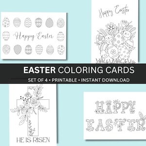 Tarjetas de felicitación de Pascua - Imprimibles para colorear, juego de 4 con sobre, papelería festiva divertida, diseños únicos, descarga instantánea.