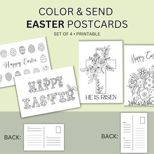 May include: A set of four printable Easter postcards featuring black and white illustrations. Designs include decorated eggs, a cross with floral accents, and Easter bunnies with eggs. The postcards have "Happy Easter" and "He is Risen" text.