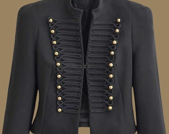Blazer corto da donna a mezzo collo alto, nero e oro, con trecce e struttura intrecciate.