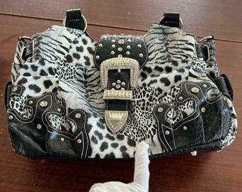 Black Y2K Leopard Print Handbag, Vintage Medium-size Shoulder Bag