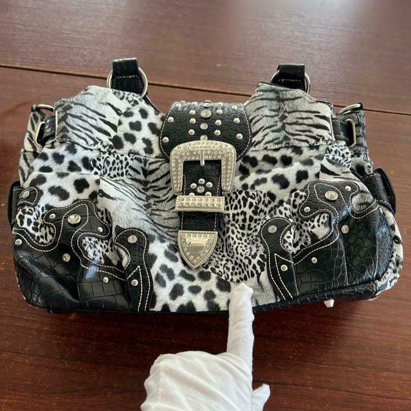 Black Y2K Leopard Print Handbag, Vintage Medium-size Shoulder Bag