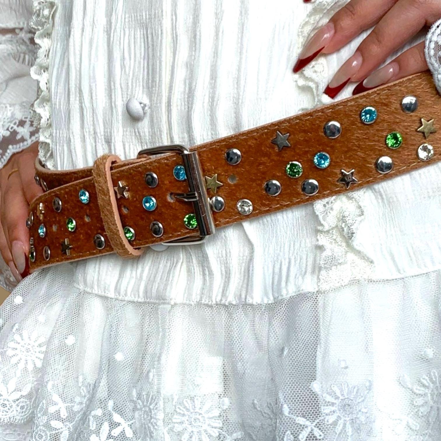 Vintage Rhinestone Belt Made in Spain Wide Leather Aurora Borealis Buckle Y2K Pink Rhinestone Clear Aurora Borealis Silver Buckle and Ball  main image 4