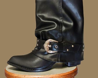 Botas vaqueras de piel auténtica con hebilla estilo western y tacón de 5 cm hasta el tobillo para mujer