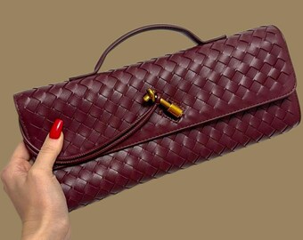 Hand Woven Vegan Leather Waterproof Long Clutch Bag