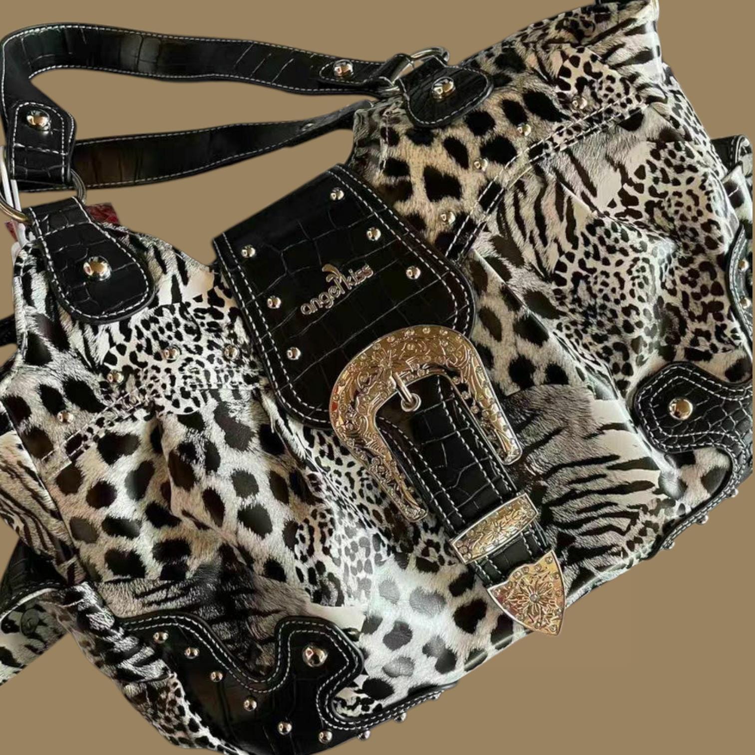 Black Y2K Angel Leopard Print Handbag, Vintage Medium-size