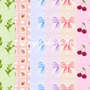 Puede incluir: Diseño de patrón repetitivo con varios motivos. El diseño incluye lirios de los valles, sellos de caracol, lazos azules y rosas y cerezas. La paleta de colores consta de tonos pastel verde, rosa, azul y melocotón, con acentos blancos. El texto "itsCrystalKenArt" es visible.