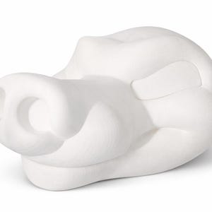 May include: A white, abstract sculpture with a rounded form. The sculpture has a smooth, matte finish and features a series of curved, organic shapes. The design includes a prominent, circular opening and a recessed, oval shape.