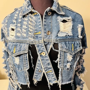Fearlessly Torn Distressed Denim Jacket-Custom Cropped Jean Jacket with Raw Edge Shredding| Je Suis Fashion Statement Piece
