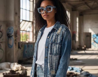 Distressed denim shacket (shirtjas)
