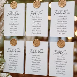 Puede incluir: Un plano de asientos con marco dorado con seis tarjetas blancas, cada una etiquetada con un número de mesa y nombres de invitados. Las tarjetas están selladas con sellos de cera dorada. El fondo incluye flores y vegetación.