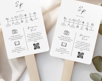 Wedding Program Fan, Editable Canva Template, Minimalist Black and White Itinerary with Monogram & Timeline
