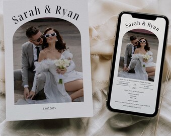 Invitación de boda digital con foto, plantilla de arco moderno, editable en Canva.