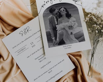 Minimalist Arch Photo Wedding Invitation, Black & White Canva Template, Digital